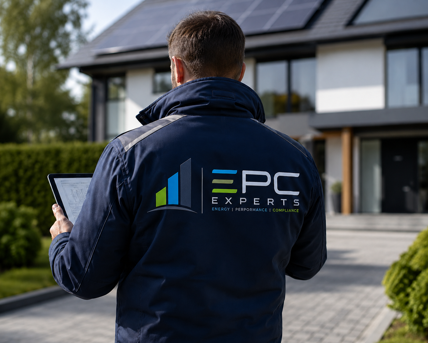 EPC Experts assessor using a tablet outside a modern UK property