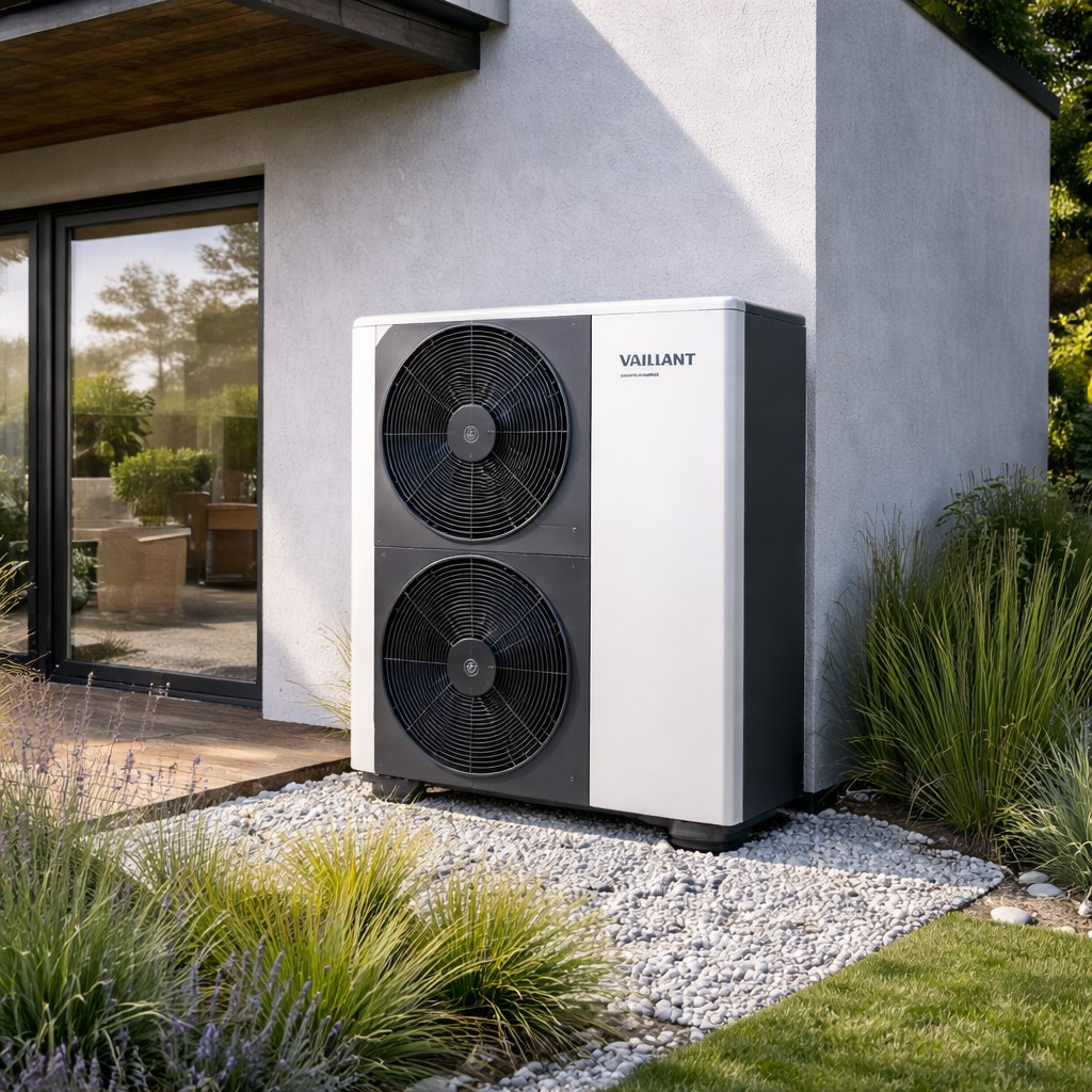 Air source heat pump installed beside a modern rendered home