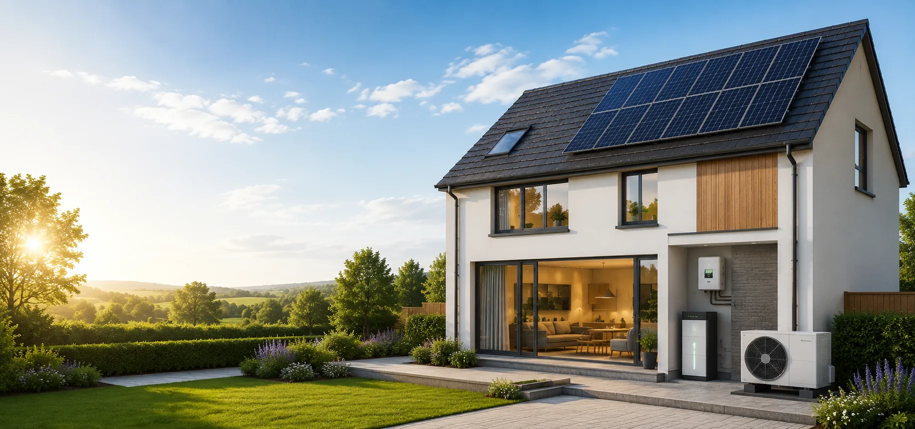 Modern UK home with solar and low-carbon technology at golden hour